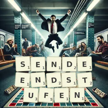 Kreative Illustration für ein Scrabble-Spiel, bei dem das Wort SENDEENDSTUFEN mit Steinen auf dem Brett gelegt wurde.