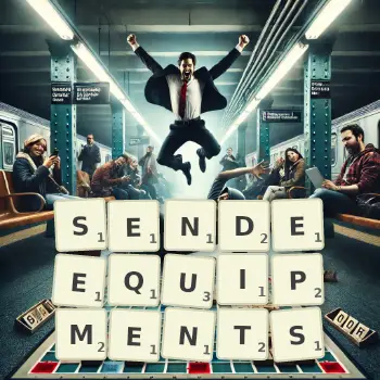 Kreative Illustration für ein Scrabble-Spiel, bei dem das Wort SENDEEQUIPMENTS mit Steinen auf dem Brett gelegt wurde.