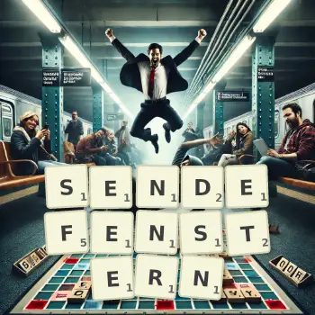 Kreative Illustration für ein Scrabble-Spiel, bei dem das Wort SENDEFENSTERN mit Steinen auf dem Brett gelegt wurde.