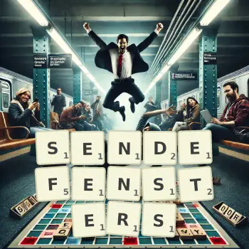 Kreative Illustration für ein Scrabble-Spiel, bei dem das Wort SENDEFENSTERS mit Steinen auf dem Brett gelegt wurde.