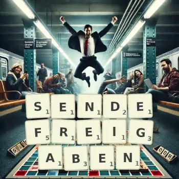 Kreative Illustration für ein Scrabble-Spiel, bei dem das Wort SENDEFREIGABEN mit Steinen auf dem Brett gelegt wurde.