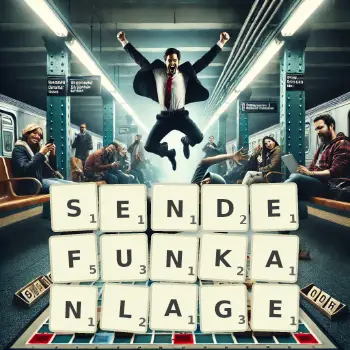 Kreative Illustration für ein Scrabble-Spiel, bei dem das Wort SENDEFUNKANLAGE mit Steinen auf dem Brett gelegt wurde.