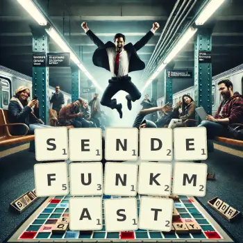 Kreative Illustration für ein Scrabble-Spiel, bei dem das Wort SENDEFUNKMAST mit Steinen auf dem Brett gelegt wurde.