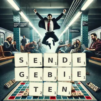 Kreative Illustration für ein Scrabble-Spiel, bei dem das Wort SENDEGEBIETEN mit Steinen auf dem Brett gelegt wurde.