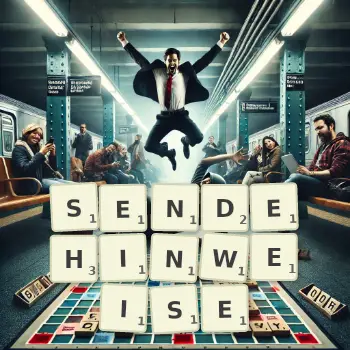 Kreative Illustration für ein Scrabble-Spiel, bei dem das Wort SENDEHINWEISE mit Steinen auf dem Brett gelegt wurde.