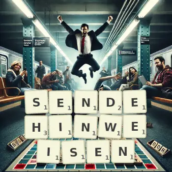 Kreative Illustration für ein Scrabble-Spiel, bei dem das Wort SENDEHINWEISEN mit Steinen auf dem Brett gelegt wurde.