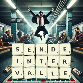 Kreative Illustration für ein Scrabble-Spiel, bei dem das Wort SENDEINTERVALLE mit Steinen auf dem Brett gelegt wurde.