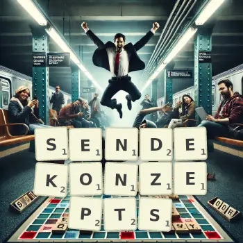 Kreative Illustration für ein Scrabble-Spiel, bei dem das Wort SENDEKONZEPTS mit Steinen auf dem Brett gelegt wurde.