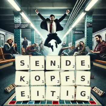 Kreative Illustration für ein Scrabble-Spiel, bei dem das Wort SENDEKOPFSEITIG mit Steinen auf dem Brett gelegt wurde.
