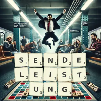 Kreative Illustration für ein Scrabble-Spiel, bei dem das Wort SENDELEISTUNG mit Steinen auf dem Brett gelegt wurde.