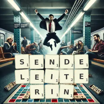 Kreative Illustration für ein Scrabble-Spiel, bei dem das Wort SENDELEITERIN mit Steinen auf dem Brett gelegt wurde.