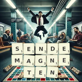 Kreative Illustration für ein Scrabble-Spiel, bei dem das Wort SENDEMAGNETEN mit Steinen auf dem Brett gelegt wurde.