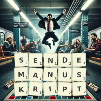 Kreative Illustration für ein Scrabble-Spiel, bei dem das Wort SENDEMANUSKRIPT mit Steinen auf dem Brett gelegt wurde.
