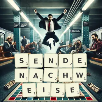 Kreative Illustration für ein Scrabble-Spiel, bei dem das Wort SENDENACHWEISE mit Steinen auf dem Brett gelegt wurde.
