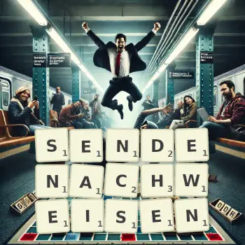 Kreative Illustration für ein Scrabble-Spiel, bei dem das Wort SENDENACHWEISEN mit Steinen auf dem Brett gelegt wurde.