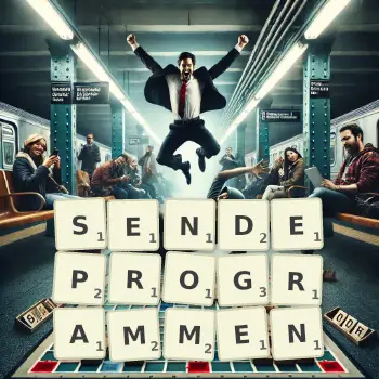 Kreative Illustration für ein Scrabble-Spiel, bei dem das Wort SENDEPROGRAMMEN mit Steinen auf dem Brett gelegt wurde.