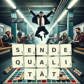 Kreative Illustration für ein Scrabble-Spiel, bei dem das Wort SENDEQUALITÄT mit Steinen auf dem Brett gelegt wurde.