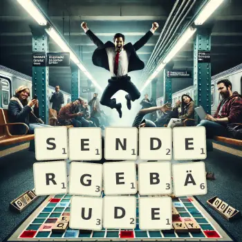 Kreative Illustration für ein Scrabble-Spiel, bei dem das Wort SENDERGEBÄUDE mit Steinen auf dem Brett gelegt wurde.