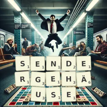Kreative Illustration für ein Scrabble-Spiel, bei dem das Wort SENDERGEHÄUSE mit Steinen auf dem Brett gelegt wurde.