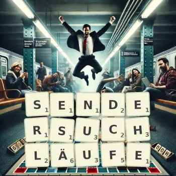 Kreative Illustration für ein Scrabble-Spiel, bei dem das Wort SENDERSUCHLÄUFE mit Steinen auf dem Brett gelegt wurde.