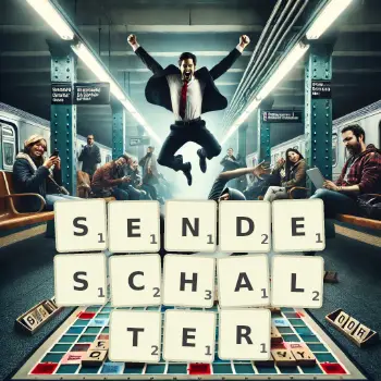 Kreative Illustration für ein Scrabble-Spiel, bei dem das Wort SENDESCHALTER mit Steinen auf dem Brett gelegt wurde.