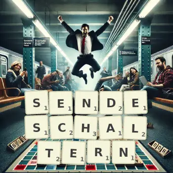 Kreative Illustration für ein Scrabble-Spiel, bei dem das Wort SENDESCHALTERN mit Steinen auf dem Brett gelegt wurde.