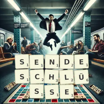 Kreative Illustration für ein Scrabble-Spiel, bei dem das Wort SENDESCHLÜSSE mit Steinen auf dem Brett gelegt wurde.