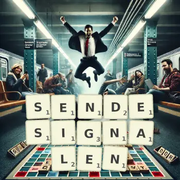 Kreative Illustration für ein Scrabble-Spiel, bei dem das Wort SENDESIGNALEN mit Steinen auf dem Brett gelegt wurde.