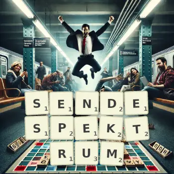 Kreative Illustration für ein Scrabble-Spiel, bei dem das Wort SENDESPEKTRUM mit Steinen auf dem Brett gelegt wurde.