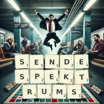 Kreative Illustration für ein Scrabble-Spiel, bei dem das Wort SENDESPEKTRUMS mit Steinen auf dem Brett gelegt wurde.