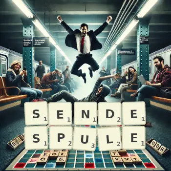 Kreative Illustration für ein Scrabble-Spiel, bei dem das Wort SENDESPULE mit Steinen auf dem Brett gelegt wurde.