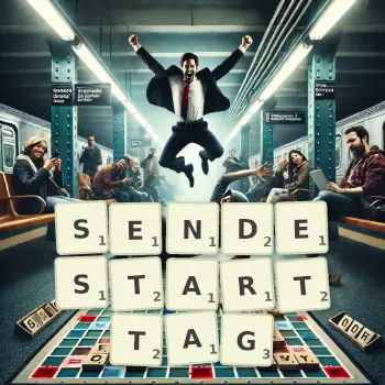 Kreative Illustration für ein Scrabble-Spiel, bei dem das Wort SENDESTARTTAG mit Steinen auf dem Brett gelegt wurde.