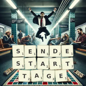 Kreative Illustration für ein Scrabble-Spiel, bei dem das Wort SENDESTARTTAGE mit Steinen auf dem Brett gelegt wurde.