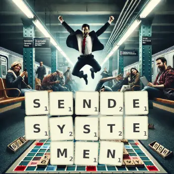Kreative Illustration für ein Scrabble-Spiel, bei dem das Wort SENDESYSTEMEN mit Steinen auf dem Brett gelegt wurde.
