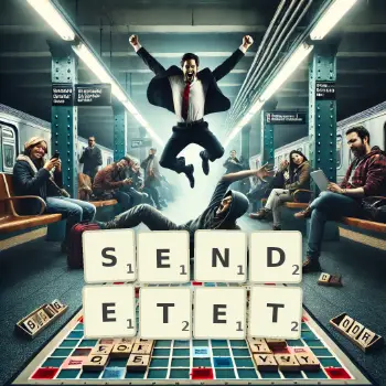 Kreative Illustration für ein Scrabble-Spiel, bei dem das Wort SENDETET mit Steinen auf dem Brett gelegt wurde.