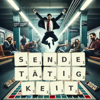 Kreative Illustration für ein Scrabble-Spiel, bei dem das Wort SENDETÄTIGKEIT mit Steinen auf dem Brett gelegt wurde.