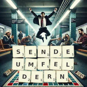 Kreative Illustration für ein Scrabble-Spiel, bei dem das Wort SENDEUMFELDERN mit Steinen auf dem Brett gelegt wurde.