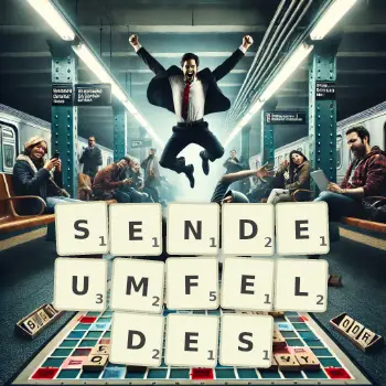 Kreative Illustration für ein Scrabble-Spiel, bei dem das Wort SENDEUMFELDES mit Steinen auf dem Brett gelegt wurde.