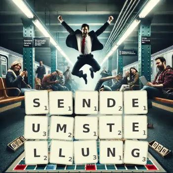Kreative Illustration für ein Scrabble-Spiel, bei dem das Wort SENDEUMSTELLUNG mit Steinen auf dem Brett gelegt wurde.