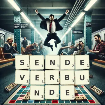 Kreative Illustration für ein Scrabble-Spiel, bei dem das Wort SENDEVERBUNDE mit Steinen auf dem Brett gelegt wurde.