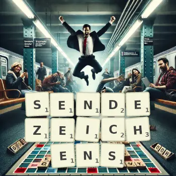 Kreative Illustration für ein Scrabble-Spiel, bei dem das Wort SENDEZEICHENS mit Steinen auf dem Brett gelegt wurde.