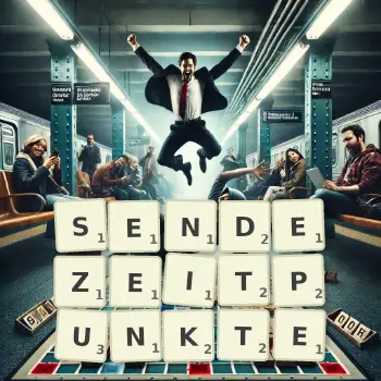 Kreative Illustration für ein Scrabble-Spiel, bei dem das Wort SENDEZEITPUNKTE mit Steinen auf dem Brett gelegt wurde.