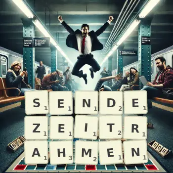 Kreative Illustration für ein Scrabble-Spiel, bei dem das Wort SENDEZEITRAHMEN mit Steinen auf dem Brett gelegt wurde.