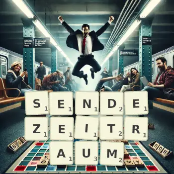 Kreative Illustration für ein Scrabble-Spiel, bei dem das Wort SENDEZEITRAUM mit Steinen auf dem Brett gelegt wurde.