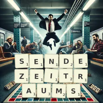 Kreative Illustration für ein Scrabble-Spiel, bei dem das Wort SENDEZEITRAUMS mit Steinen auf dem Brett gelegt wurde.