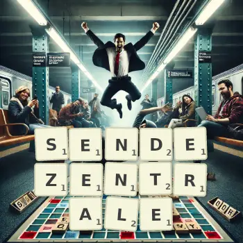 Kreative Illustration für ein Scrabble-Spiel, bei dem das Wort SENDEZENTRALE mit Steinen auf dem Brett gelegt wurde.