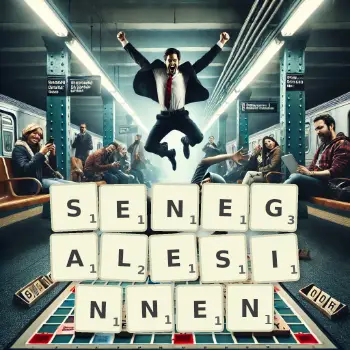 Kreative Illustration für ein Scrabble-Spiel, bei dem das Wort SENEGALESINNEN mit Steinen auf dem Brett gelegt wurde.