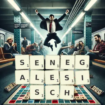 Kreative Illustration für ein Scrabble-Spiel, bei dem das Wort SENEGALESISCH mit Steinen auf dem Brett gelegt wurde.