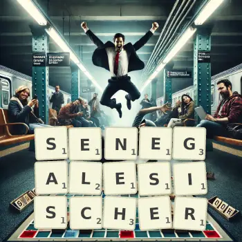 Kreative Illustration für ein Scrabble-Spiel, bei dem das Wort SENEGALESISCHER mit Steinen auf dem Brett gelegt wurde.