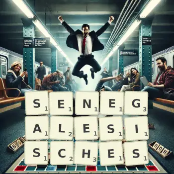 Kreative Illustration für ein Scrabble-Spiel, bei dem das Wort SENEGALESISCHES mit Steinen auf dem Brett gelegt wurde.